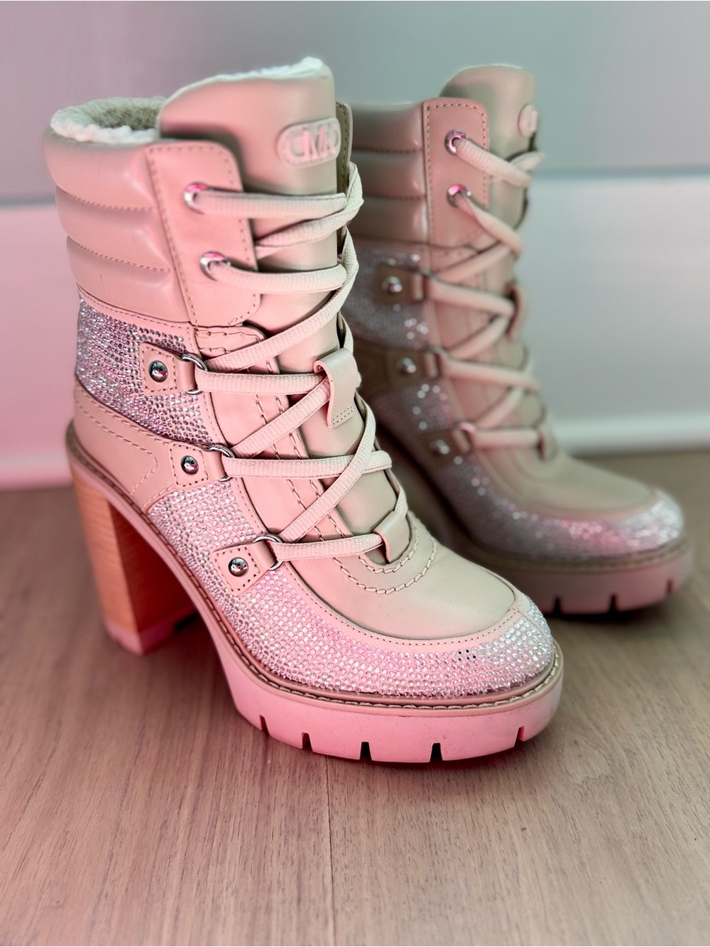 Michael Kors Crystal Embellished Combat Heel Shearling Lined Asher Boots Size 6
